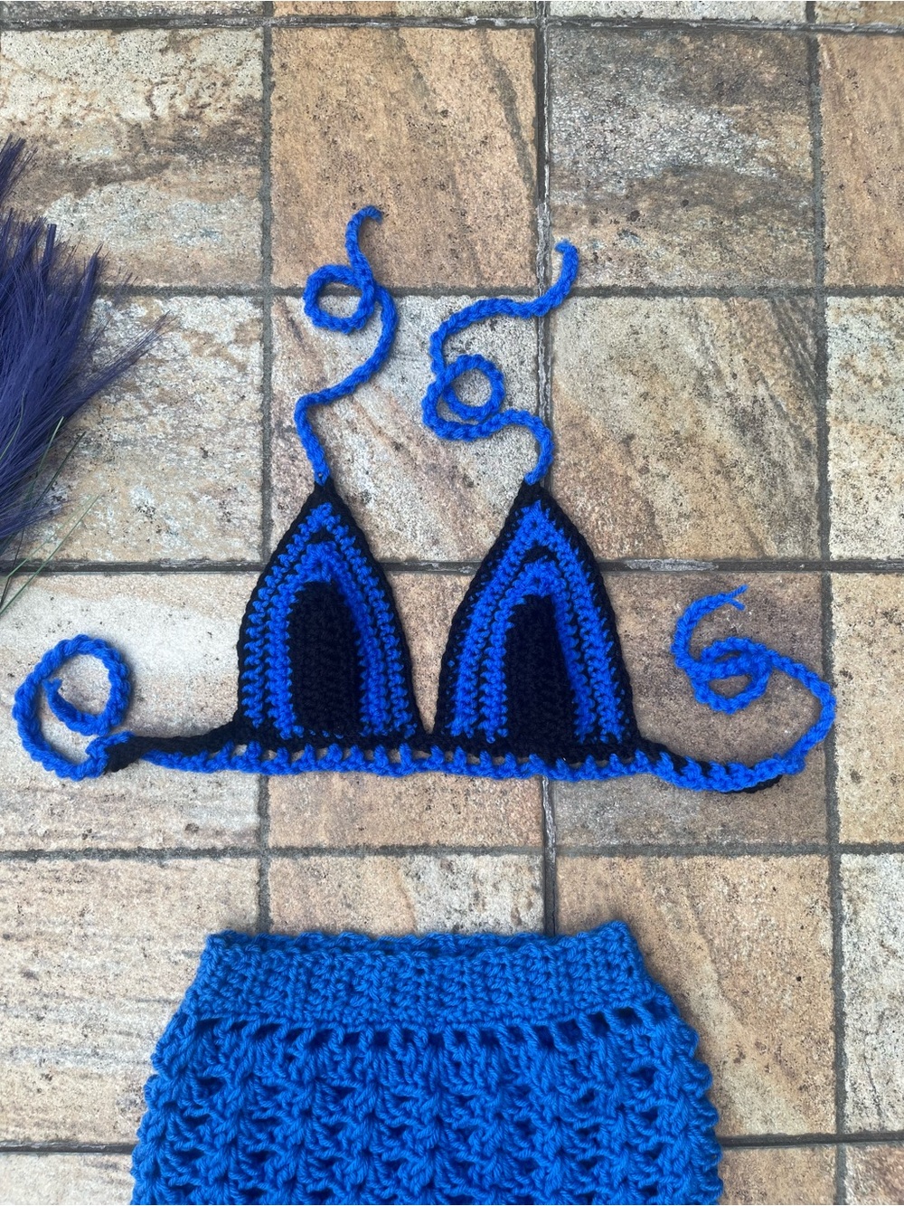 Handmade Crochet Bikini Top | Royal Blue and Black | Adjustable Ties | Size B/C